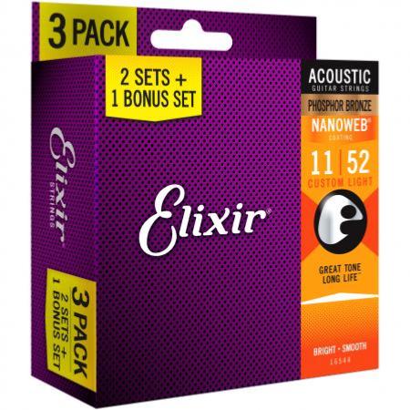 Cordes Guitare Folk Elixir Nanoweb Phosphore bronze 11-52 Pack de 3